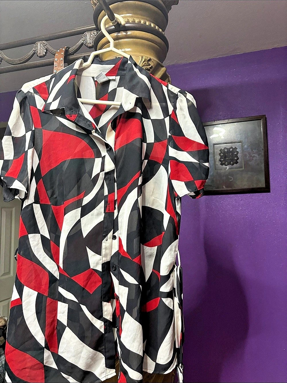 dressbarn Geometric Button Down in Black & Red Size 1X